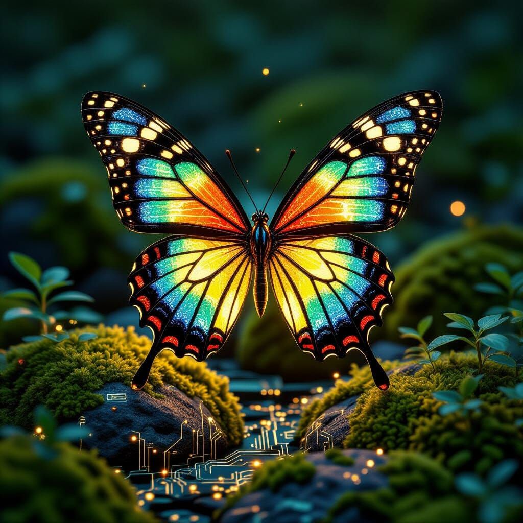 Stained-Glass Microchip Butterfly Above Glowing Circuitry