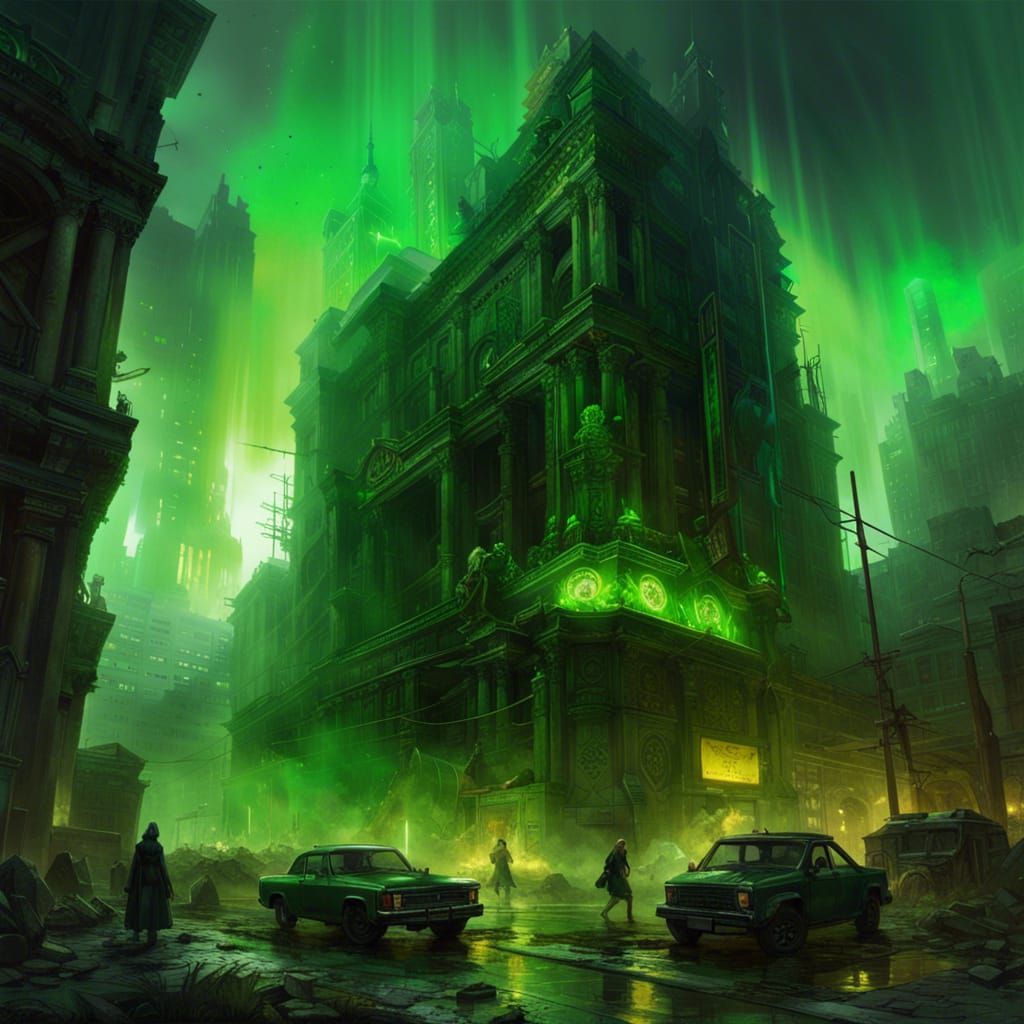 Radioactive City Ruins Under Dark Sky