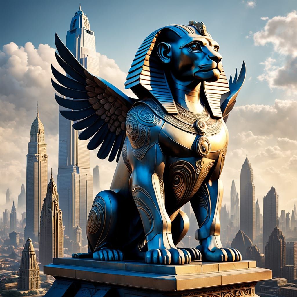 Futuristic Sphinx on Skyscraper, Hyperrealistic Art