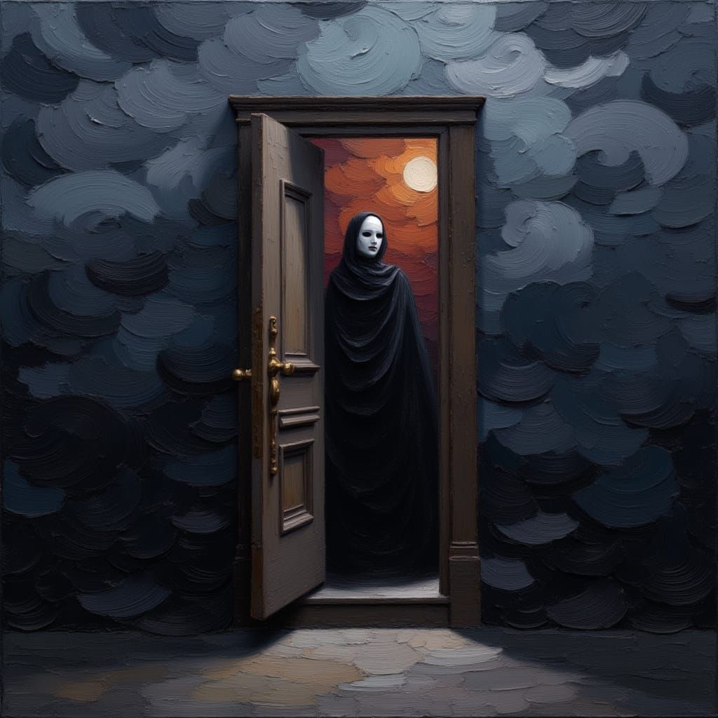 Dreamlike Surrealism: Masked Figure in Cloudy Night