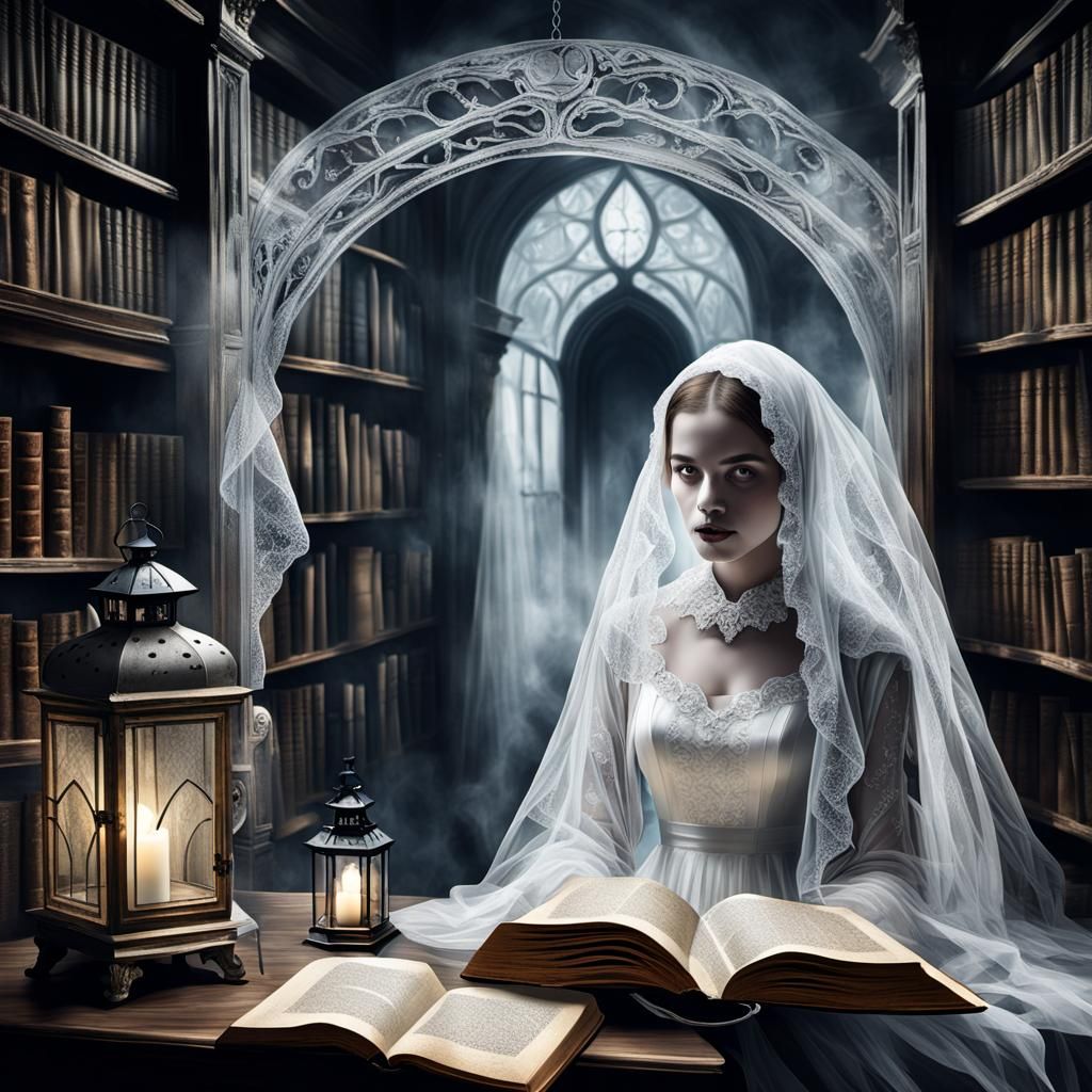 Haunted Library with Ghostly Lady in Shadows