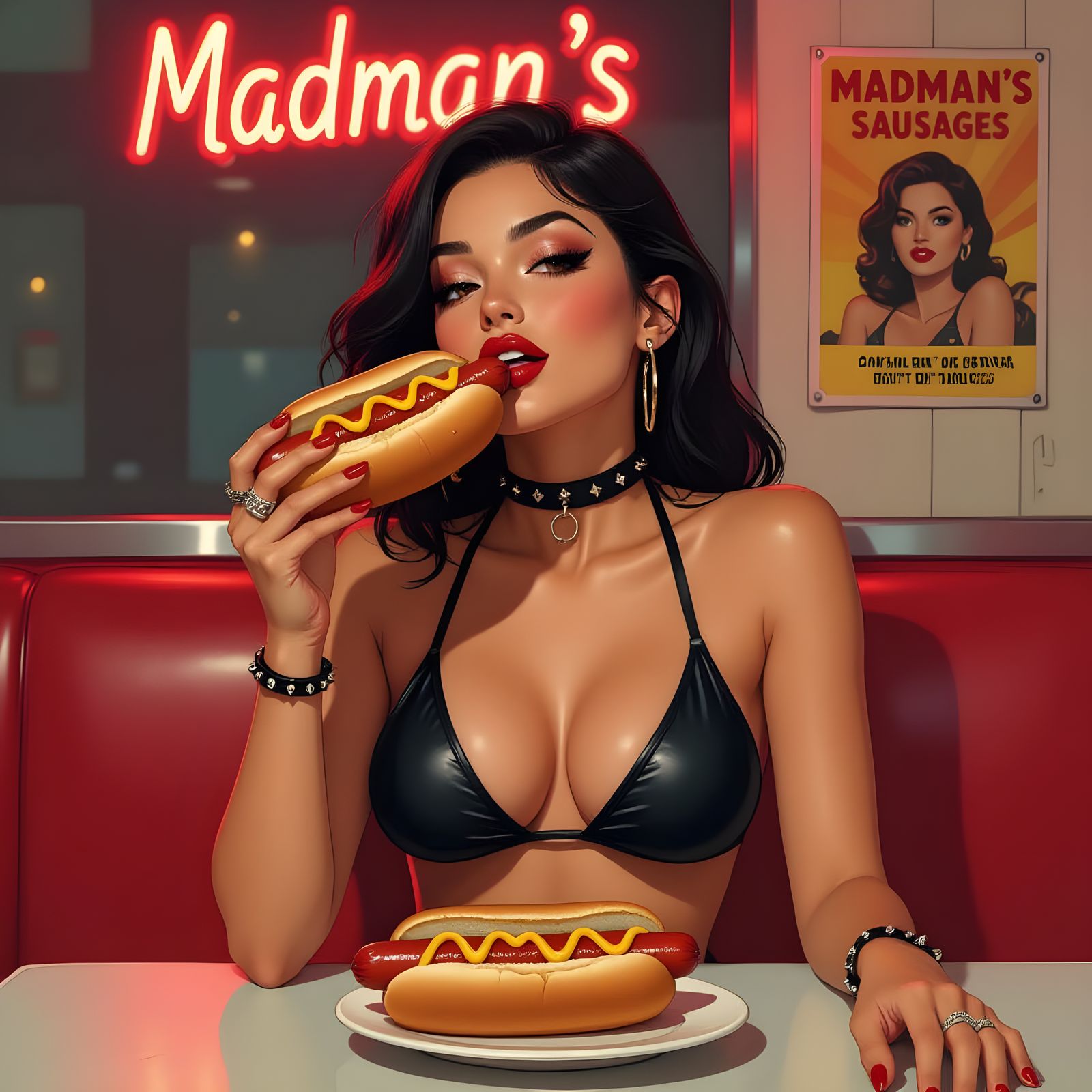 Retro Diner Booth with Neon Sign and Comic Style