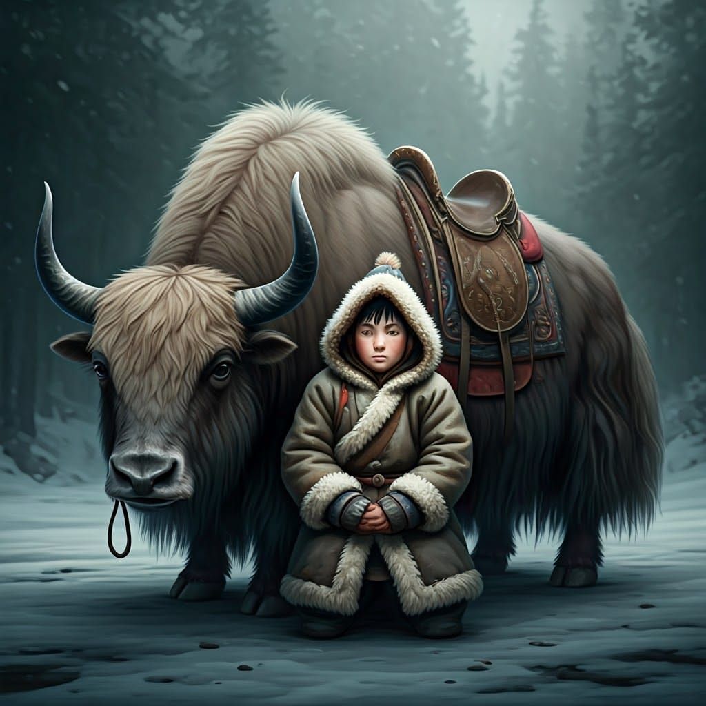 Mongolian Boy and Yak in Winter Landscape