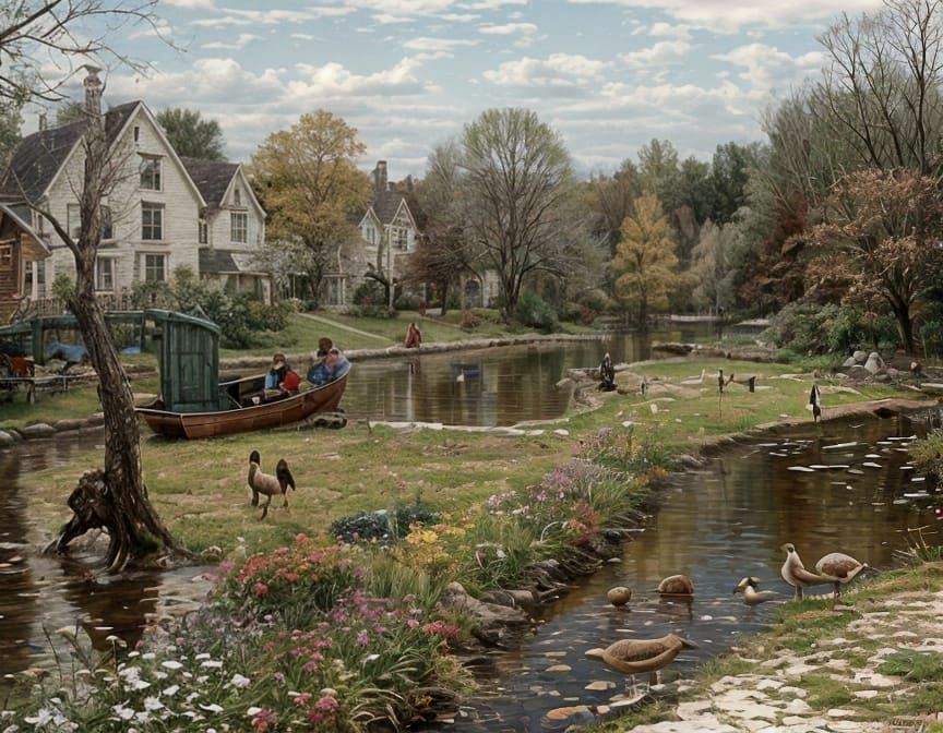 Cozy Autumn Park Scene with Golden Pond