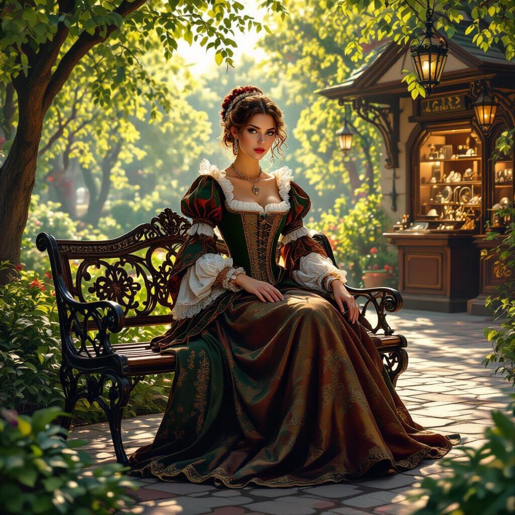 Renaissance Woman in Park, Hyperrealistic Matte Painting