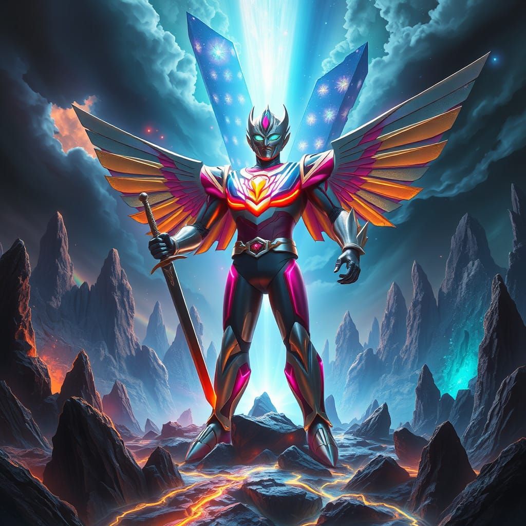 Cyberpunk Ultraman in Chiaroscuro, Radiant Core and Swirling...