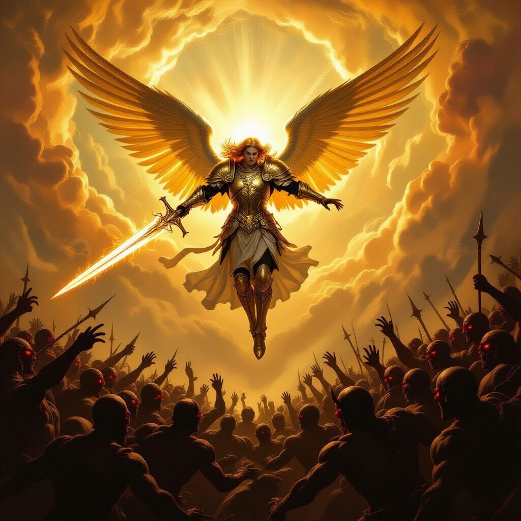 Archangel Descends in Celestial Armor Amidst Demonic Army