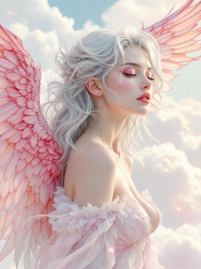 Celestial Woman with Pink Wings in Pencil and Ink