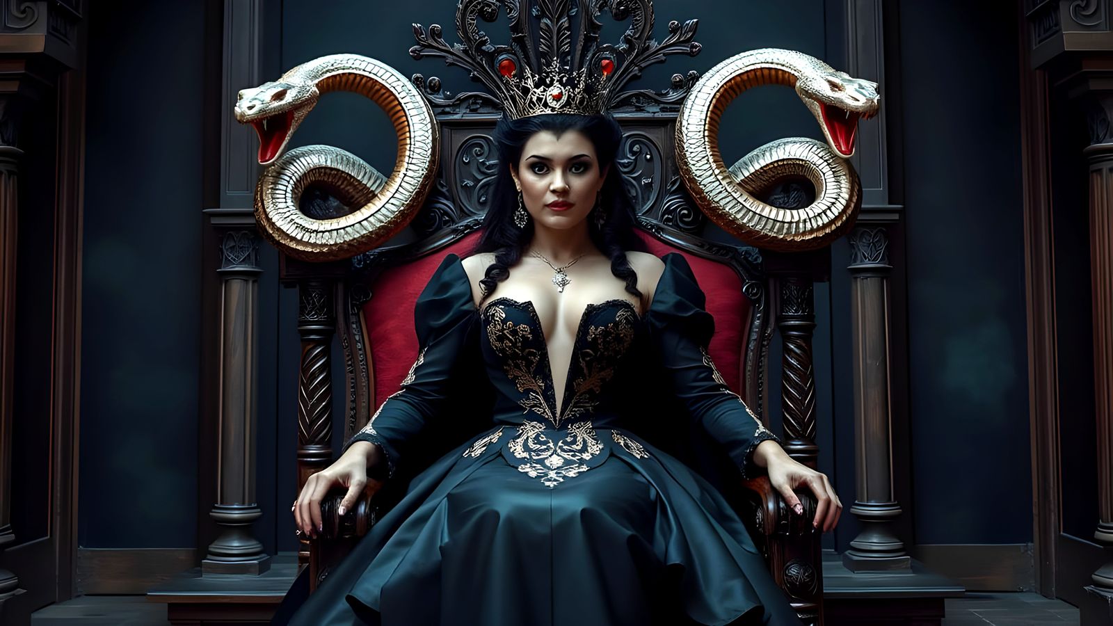 Medieval Queen on Snake Throne in Dark, Realistic Style