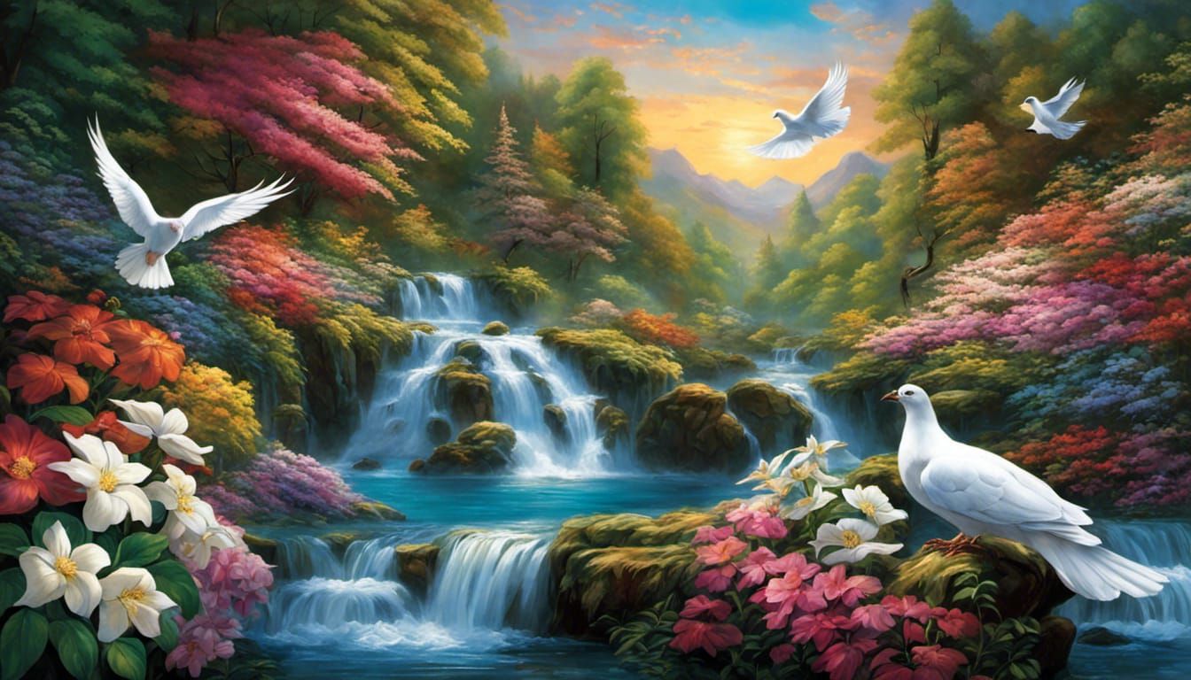 Lush Floral Waterfall Landscape with Dove