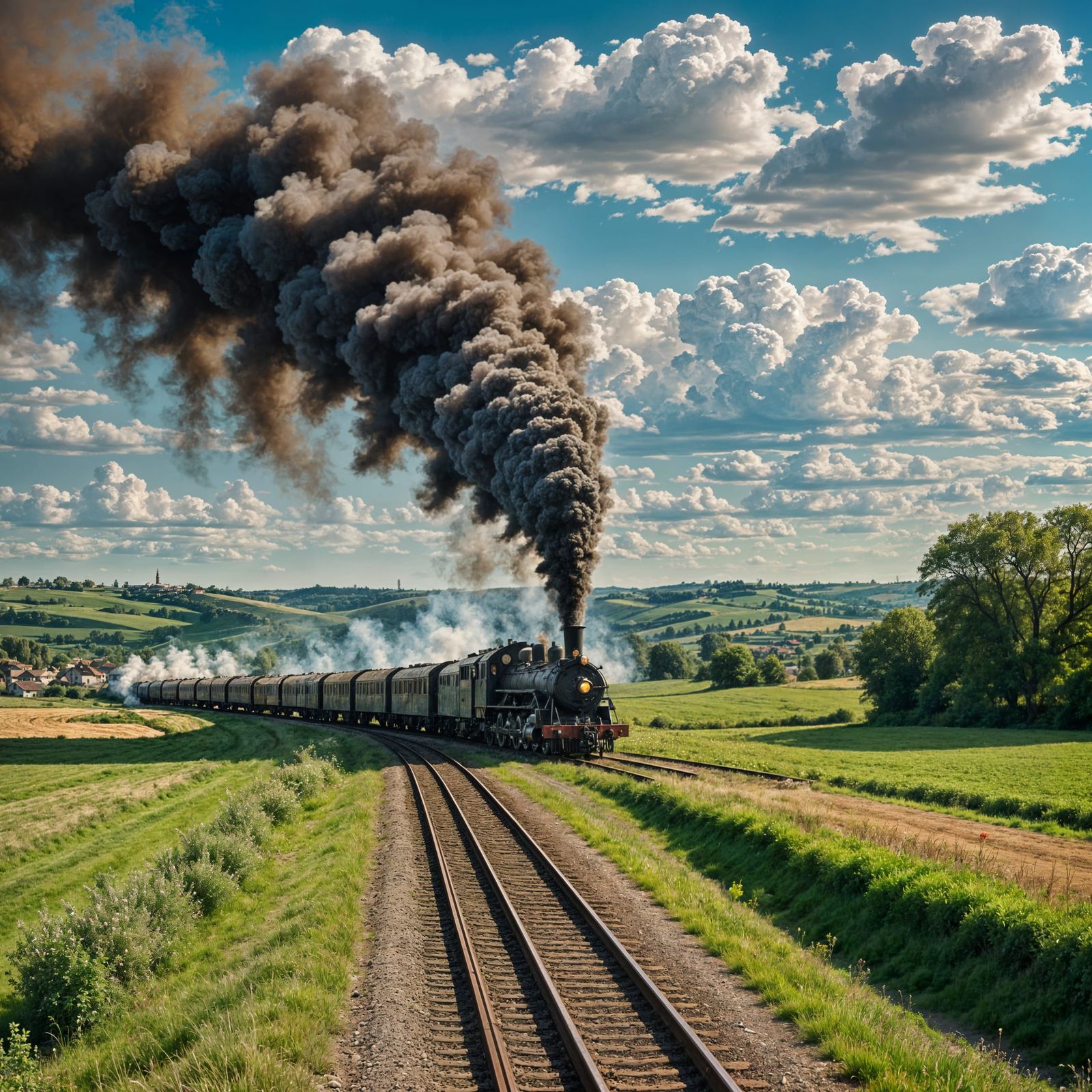 Ancient Oil Painting of Train in Rural Landscape