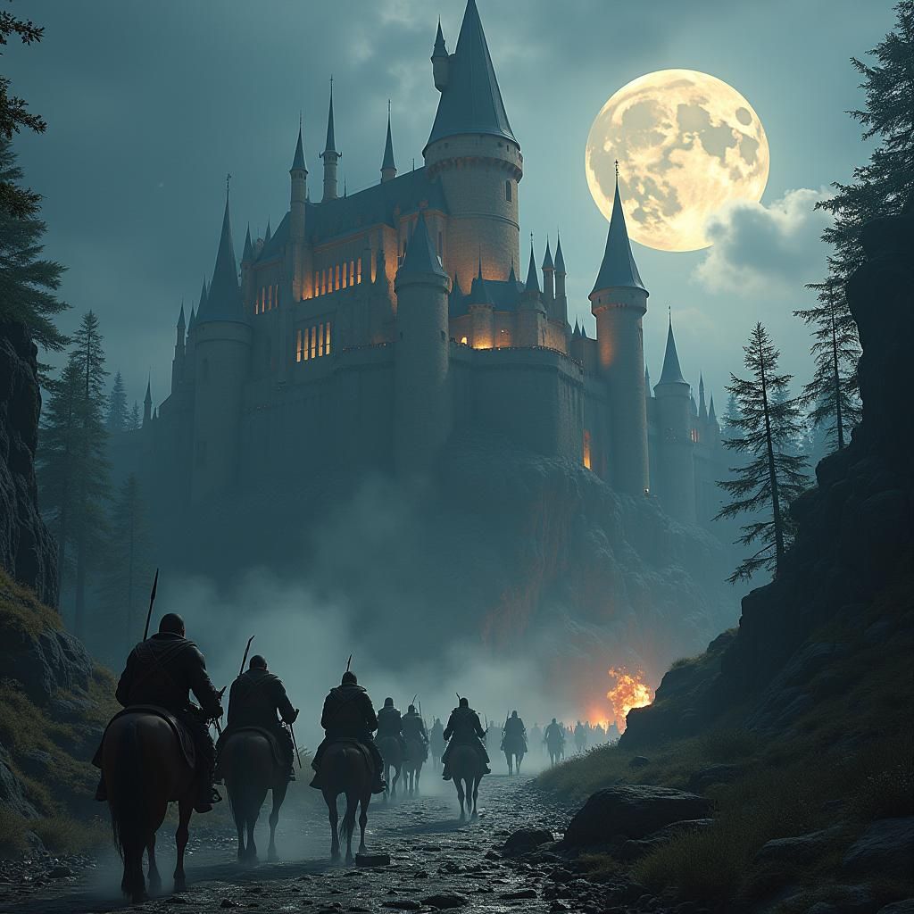 Apes Attack Medieval Castle in Apocalyptic Landscape