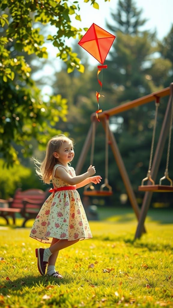 Girl Flying Kite in Sunny Park, Storybook Illustration