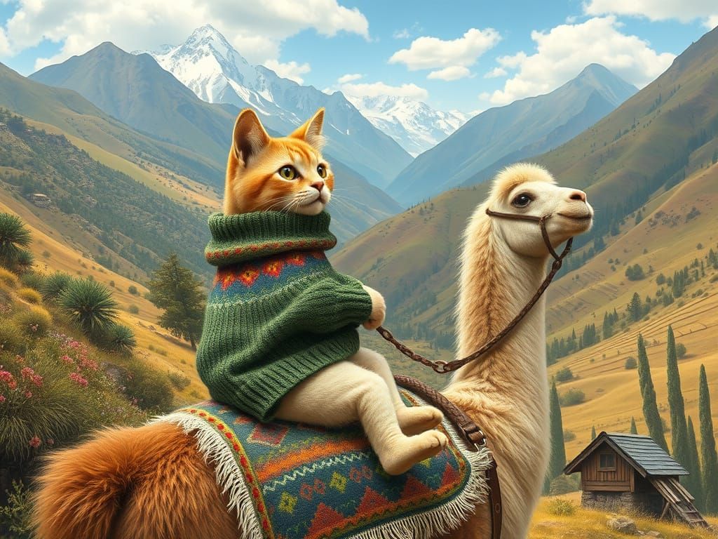Cat in Sweater Rides Llama in Andes Mountains