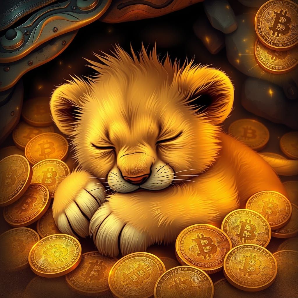 Sleeping Baby Lion Surrounded by Glittering Cryptocurrency