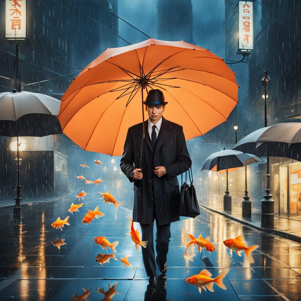 Man with goldfish walking under blue umbrella in rain