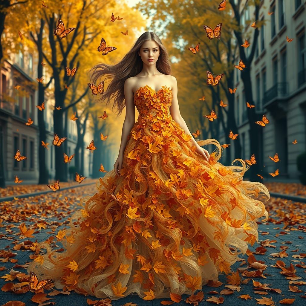 Autumn Goddess in Whimsical Cityscape