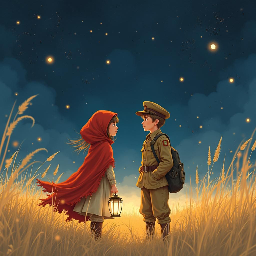 Figures in Golden Field Under Starry Sky