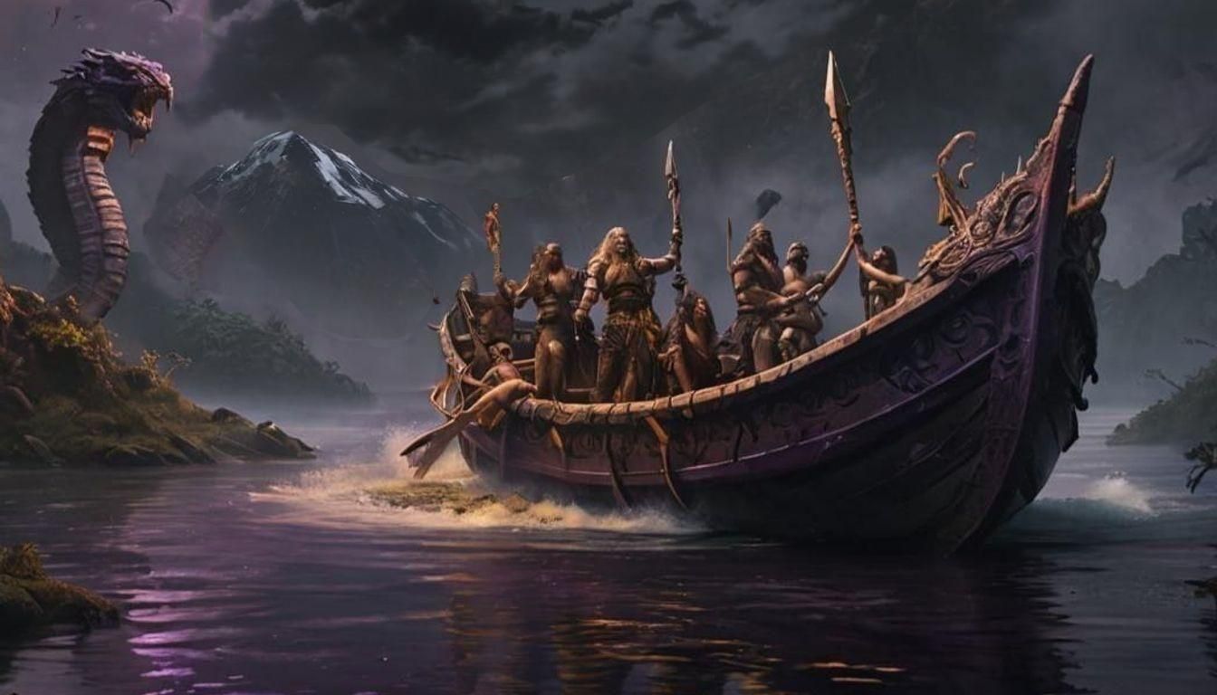 Barbarian and Serpent in Fantasy Landscape