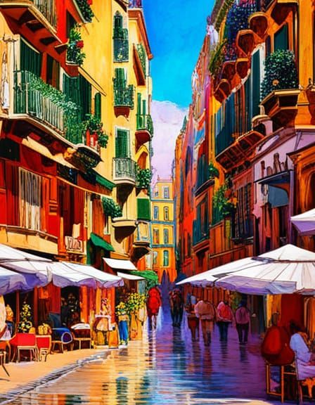 Vibrant Valencia Street Scene in Prismatic Colors