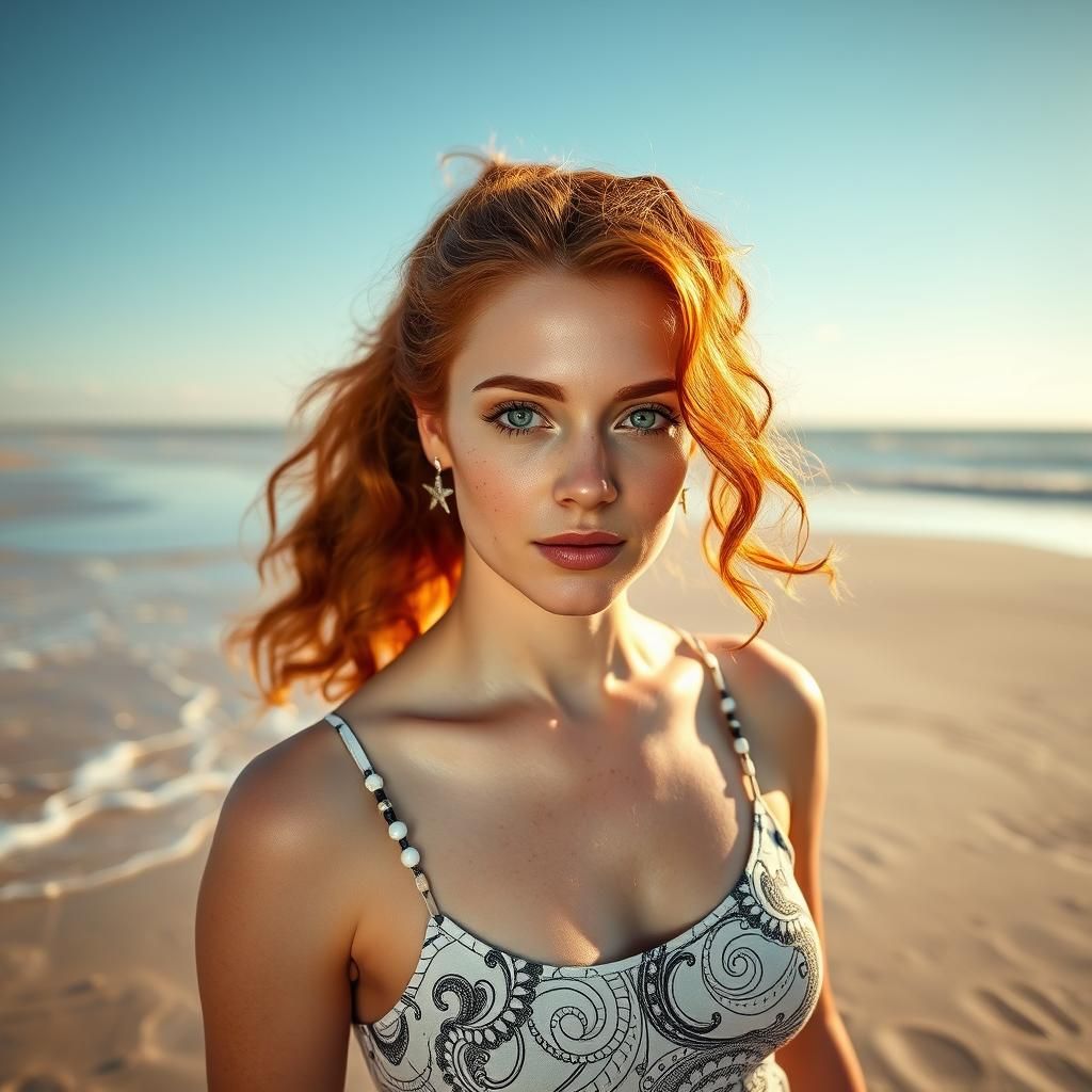 Hyperrealistic Portrait of Woman on Beach with Zentangle Ele...