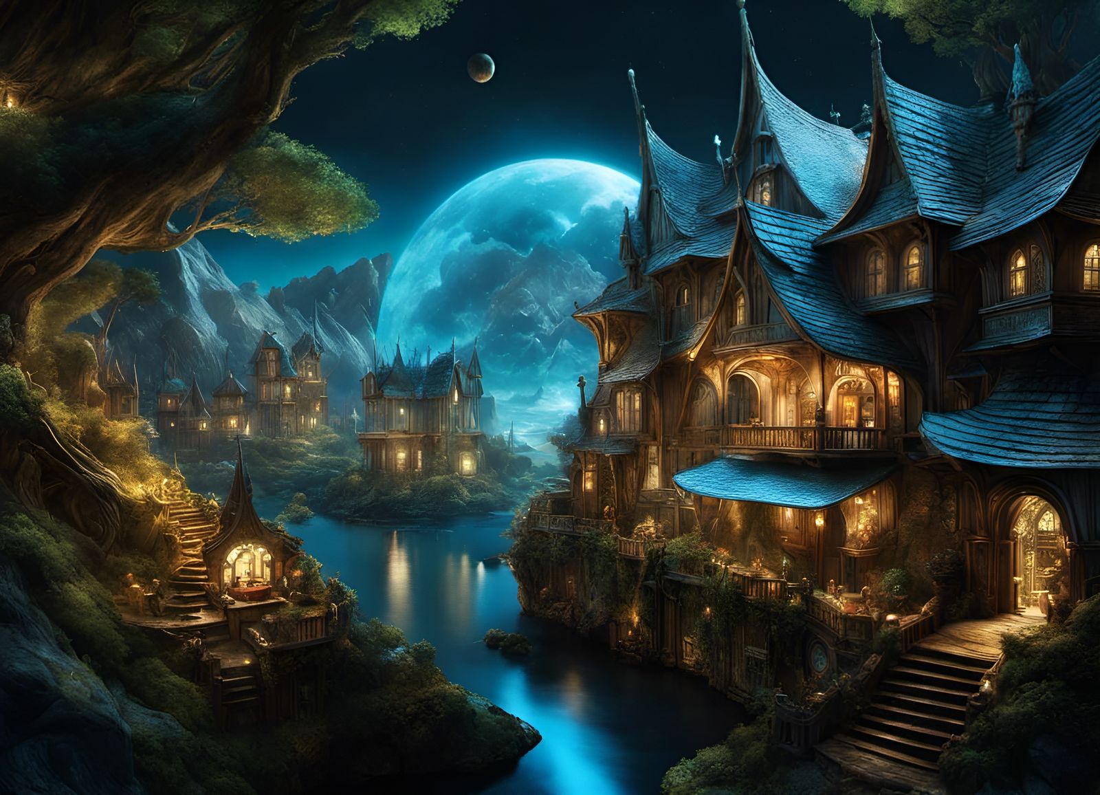 Enchanted Elven Village in Spellbook, Bioluminescent Art
