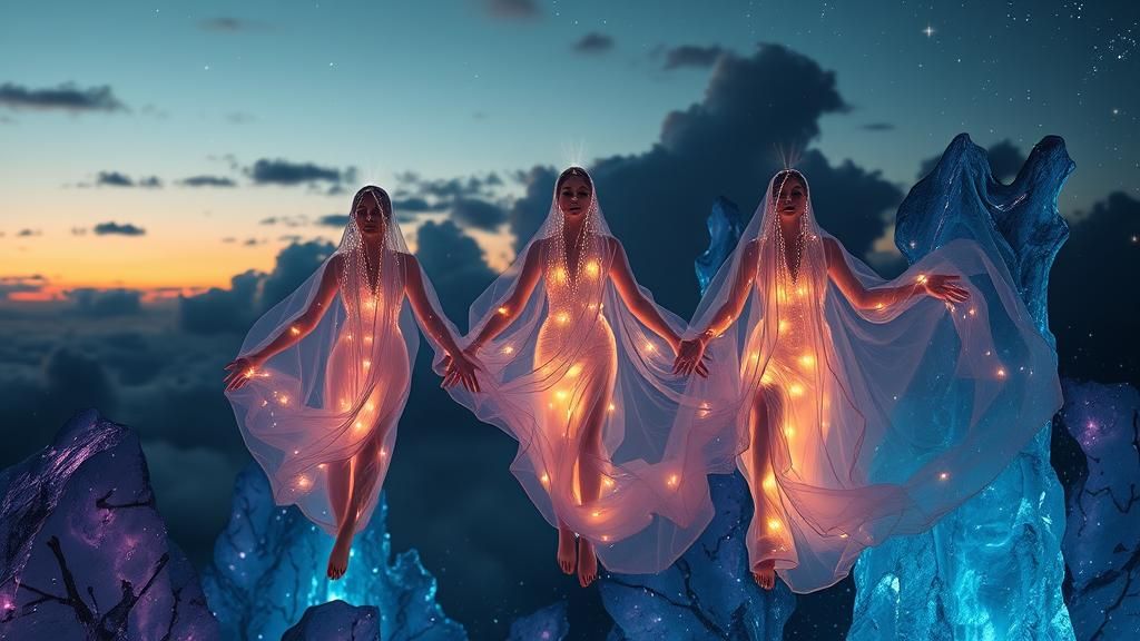Luminous Figures in Crystal Forest at Dusk