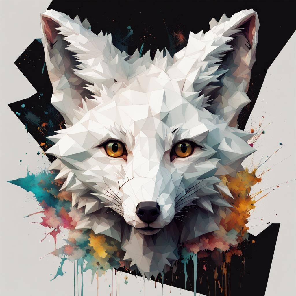 Low Poly White Fox Portrait in Inkblot Style