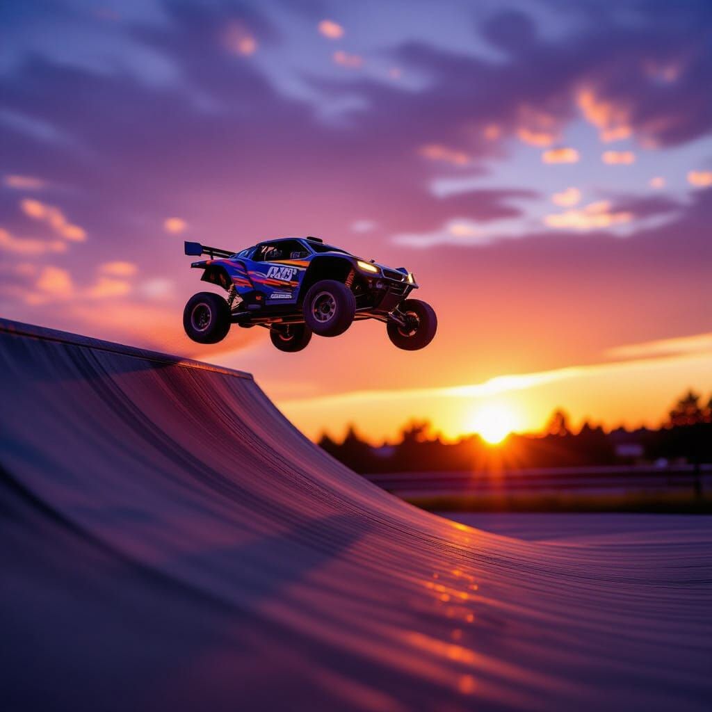 RC Car Flips Off Ramp at Golden Hour