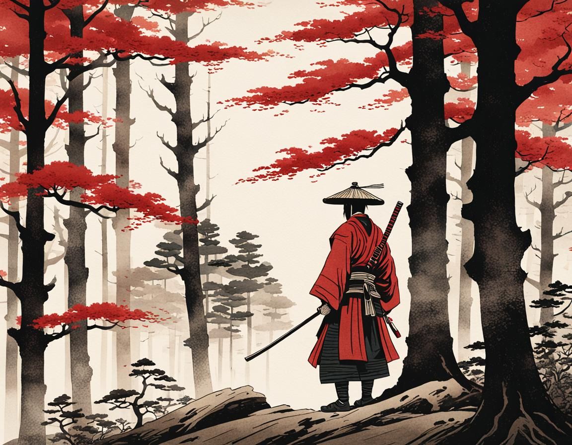 Samurai in Forest: Ukiyo-e Ink and Watercolor