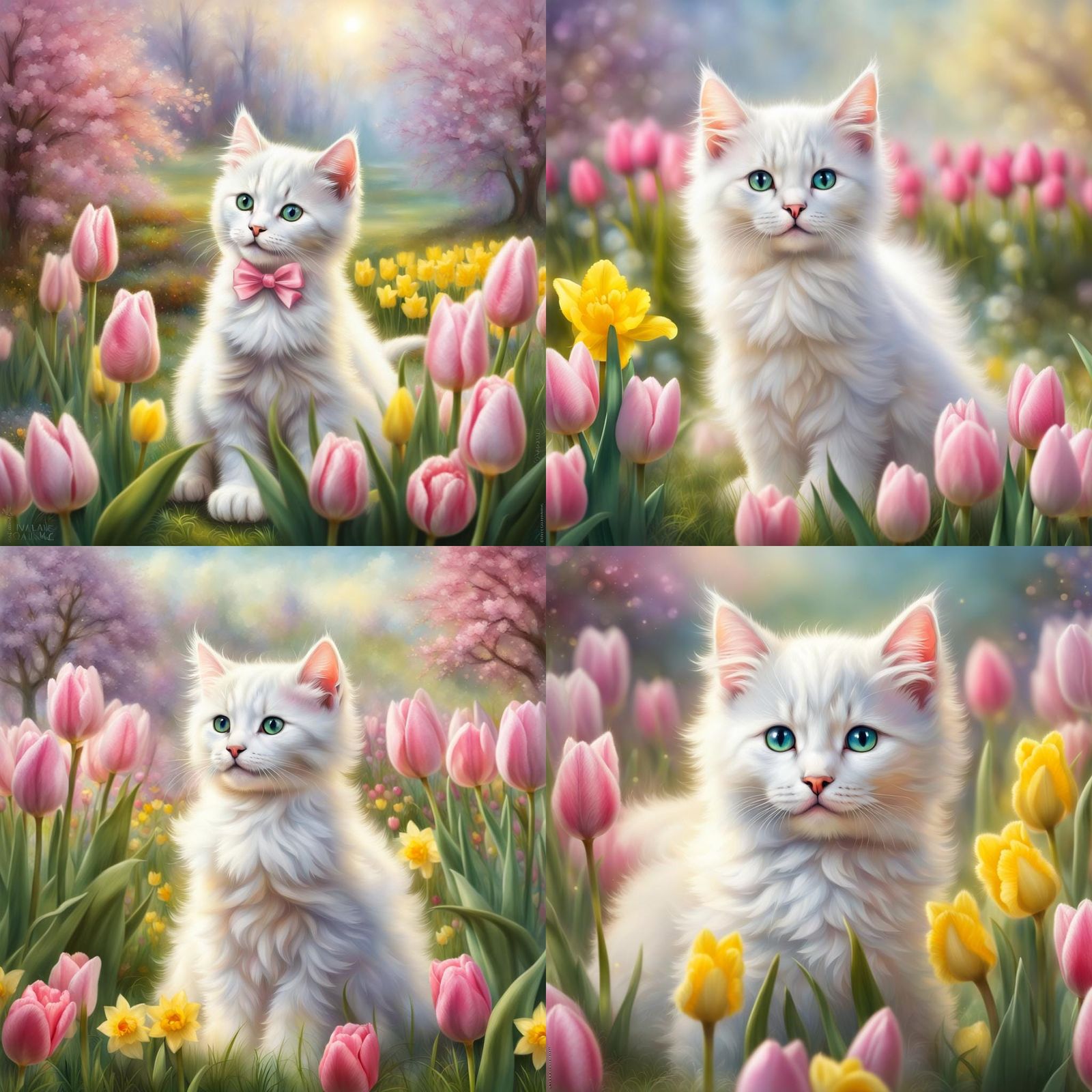 Kitten with Pink Bow in Spring Meadow
