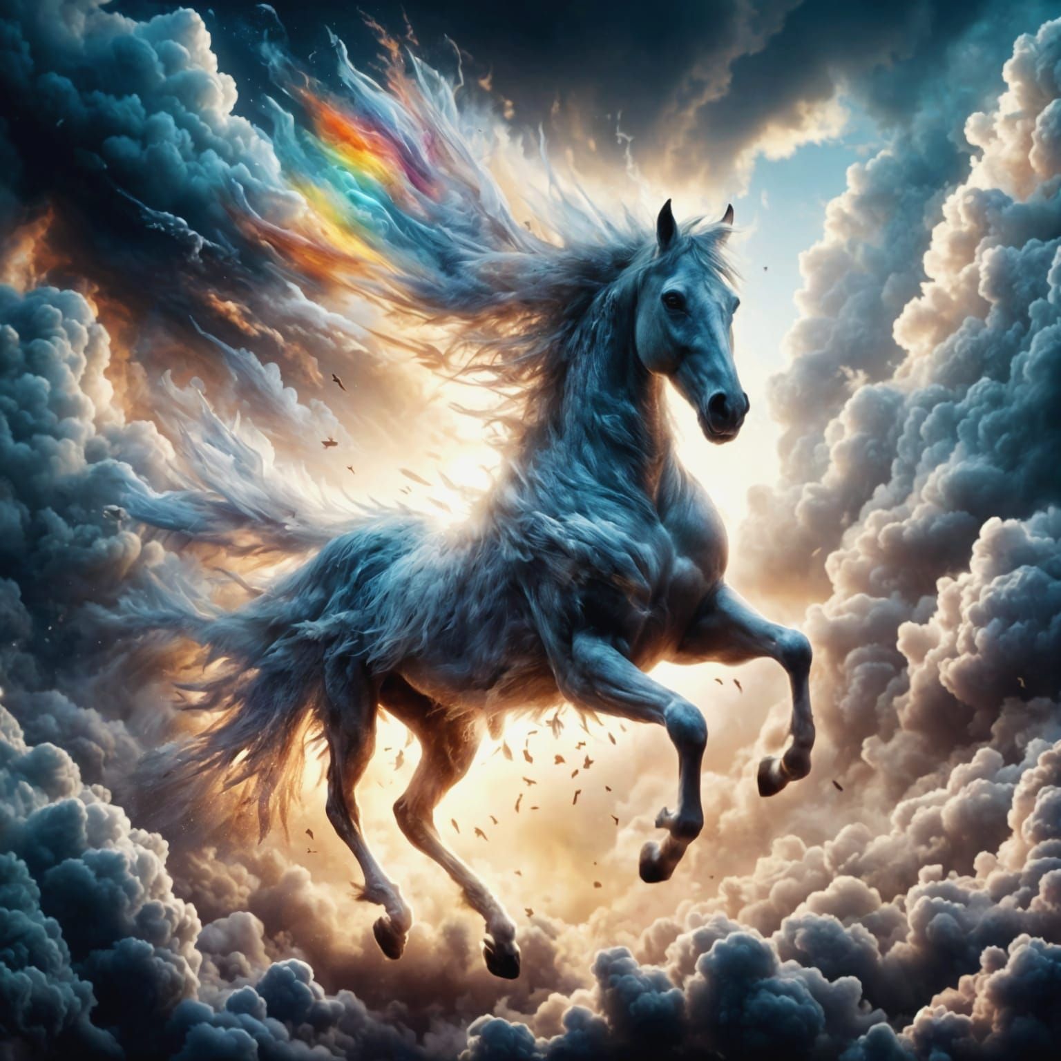 Winged Horse Soaring Through Storm Clouds