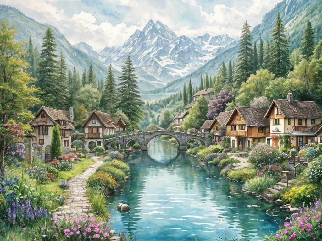Enchanted Swiss Village in Dreamlike Watercolor