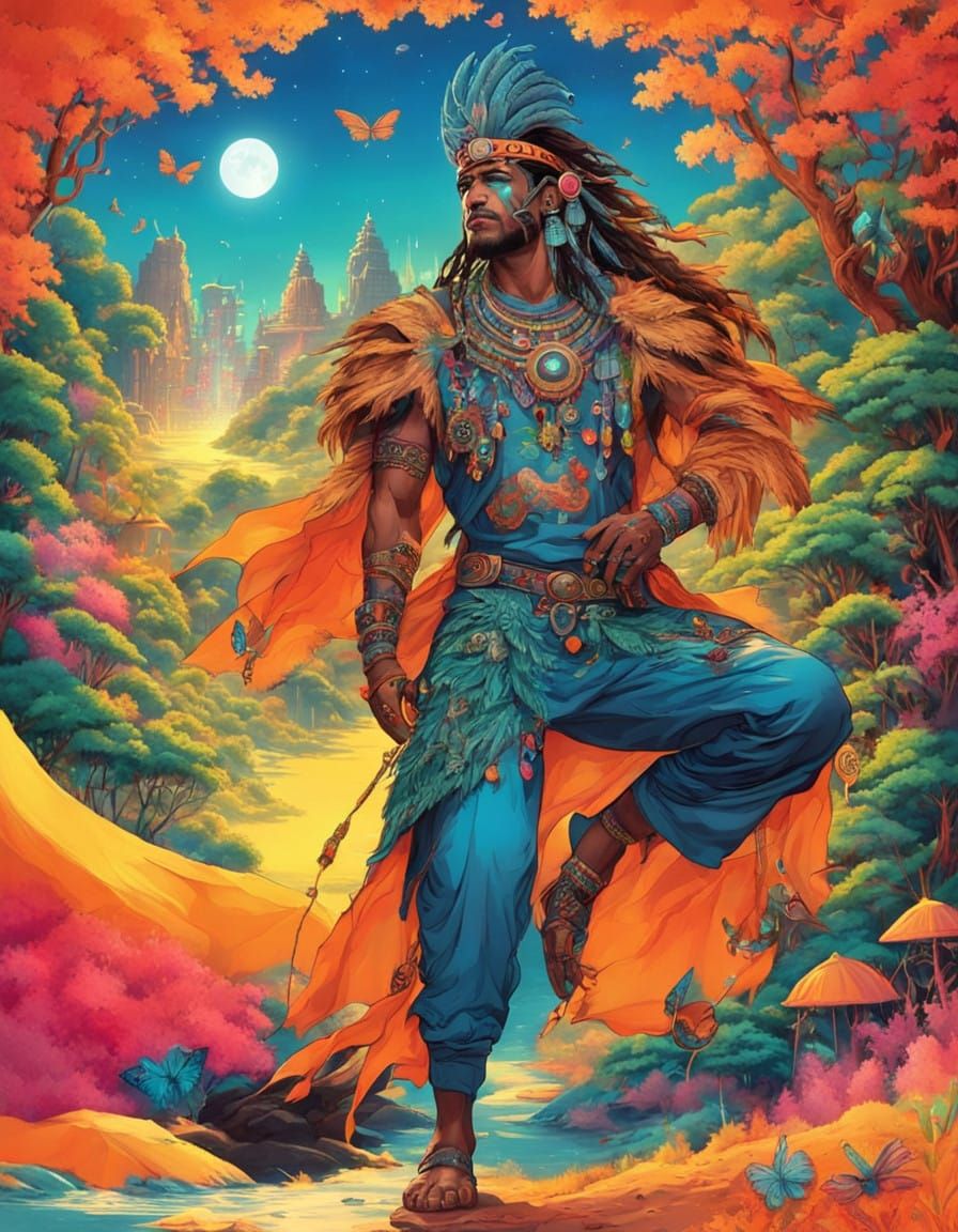 Vibrant Aztec Shaman in Glowing Fantasy City
