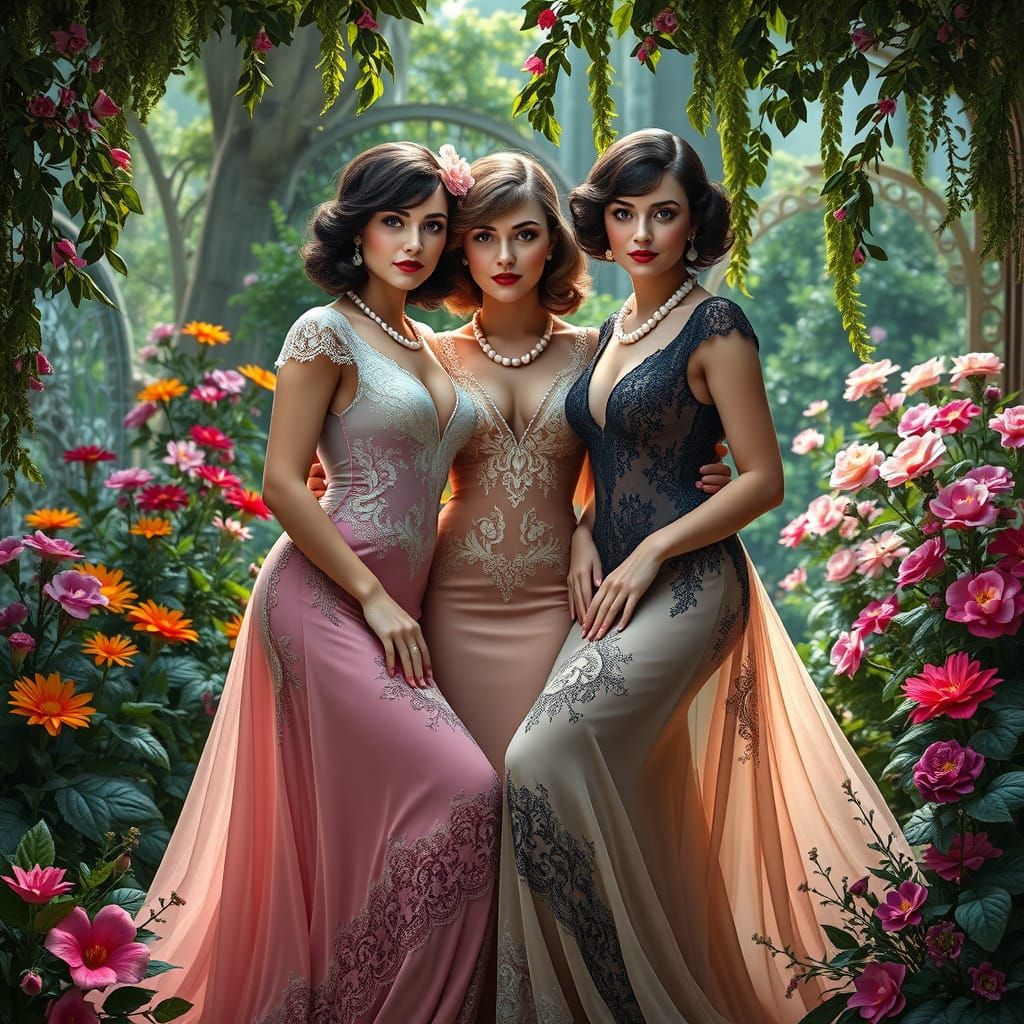 Three vivacious Italian women in their late 30s, circa 1920's, like Betty Page, Sophia Loren, Yvonne De Carlo