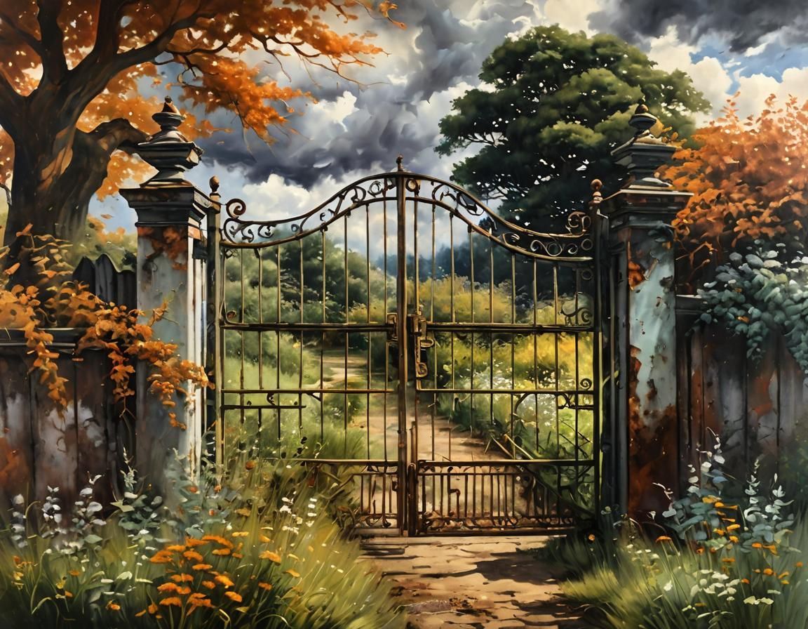 Abandoned Garden: Oil Painting of Overgrown Gate