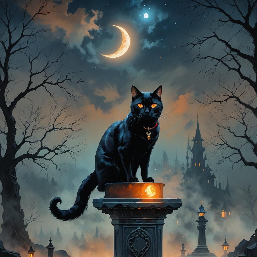 Black Cat with Moon Collar in Alcohol Art Style