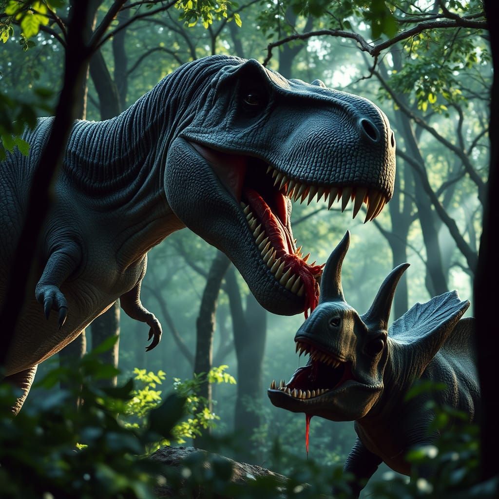 Mighty T-Rex Battles Triceratops in Verdant Forest