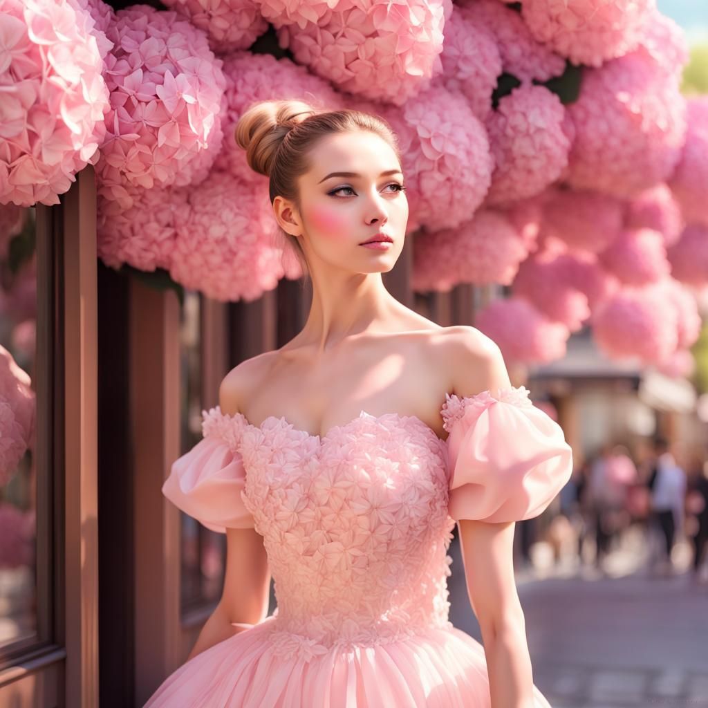 Elegant Woman in Pink Dress Posing in Flower Shop