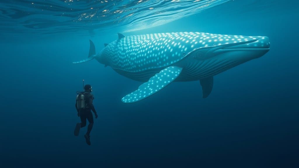 Diver Meets Bioluminescent Whale: Hyperrealistic Ocean Art