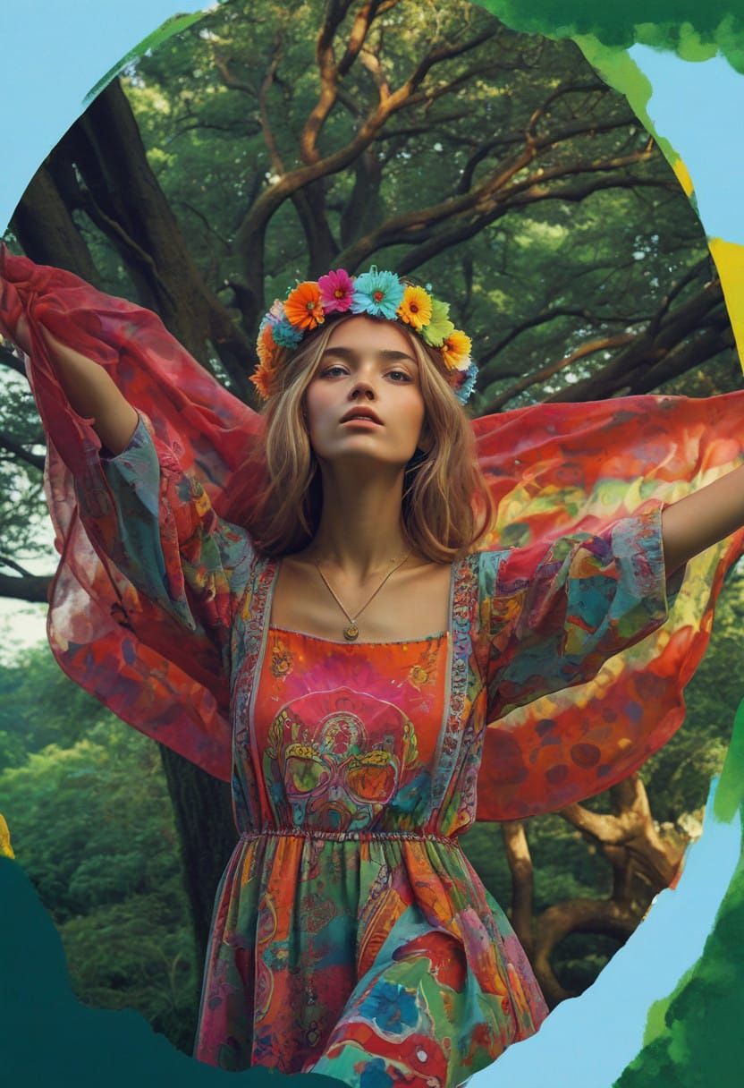 Vibrant Hippie Scene in a Whimsical Woodland