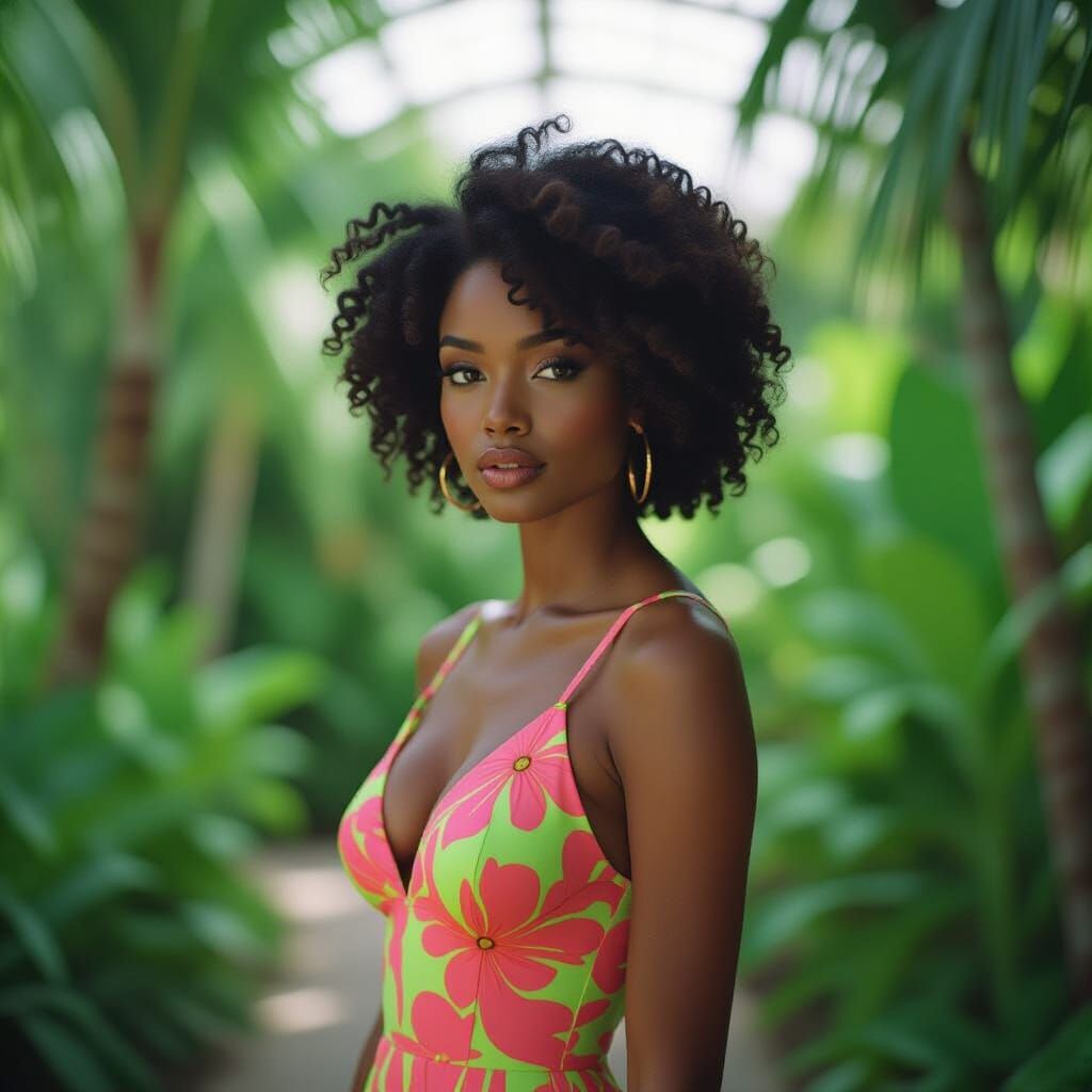 Woman in Neon Dress in Tropical Garden