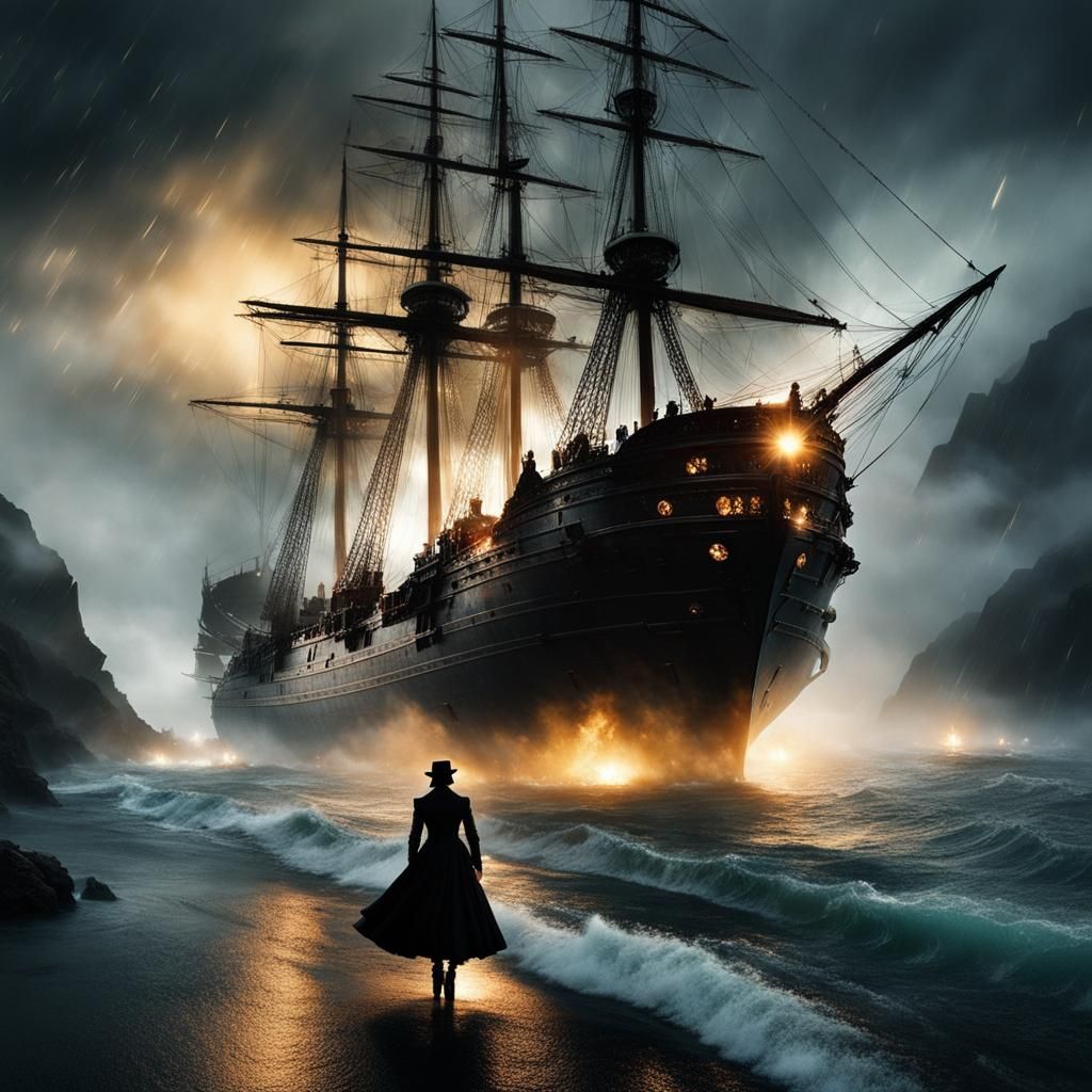 Epic Magic Ship Amidst Atmospheric Night