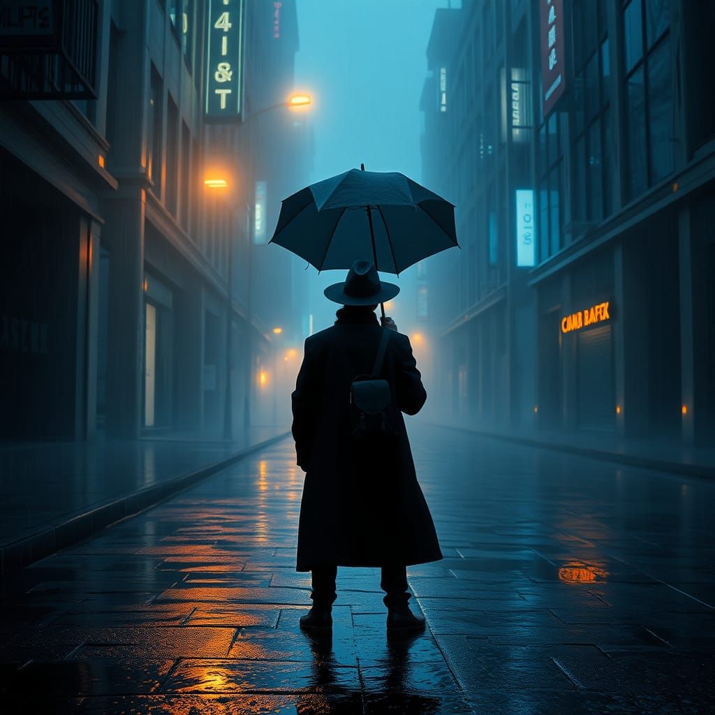 Dystopian Figure in Neon Cityscape