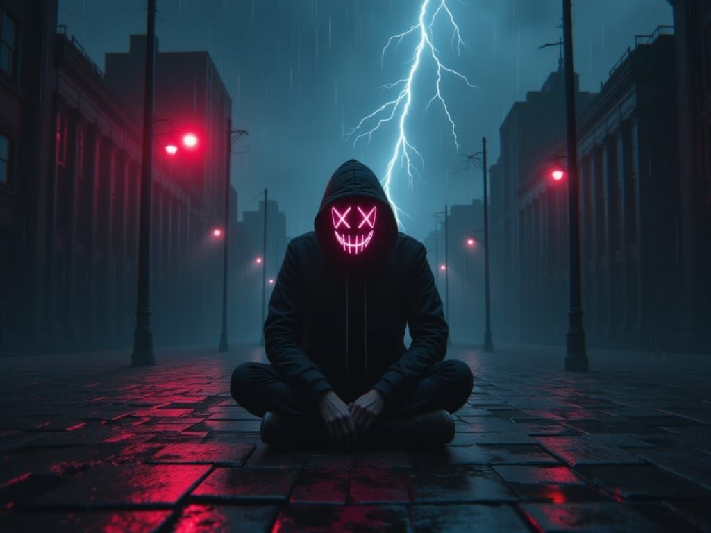 Man in LED Mask Amidst Cyberpunk Rainstorm