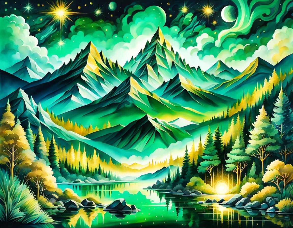 Emerald Crystal Landscape: Cosmic Dreamscape Odyssey