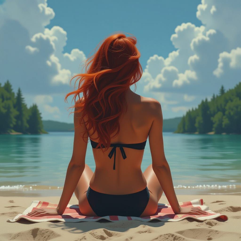 Woman with Red Hair on Lakeside Beach in Digital Matte Paint...