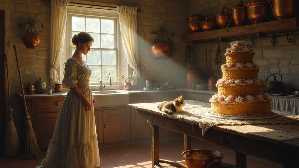 Georgian Kitchen Scene with Giant Cake, Oil Painting Style