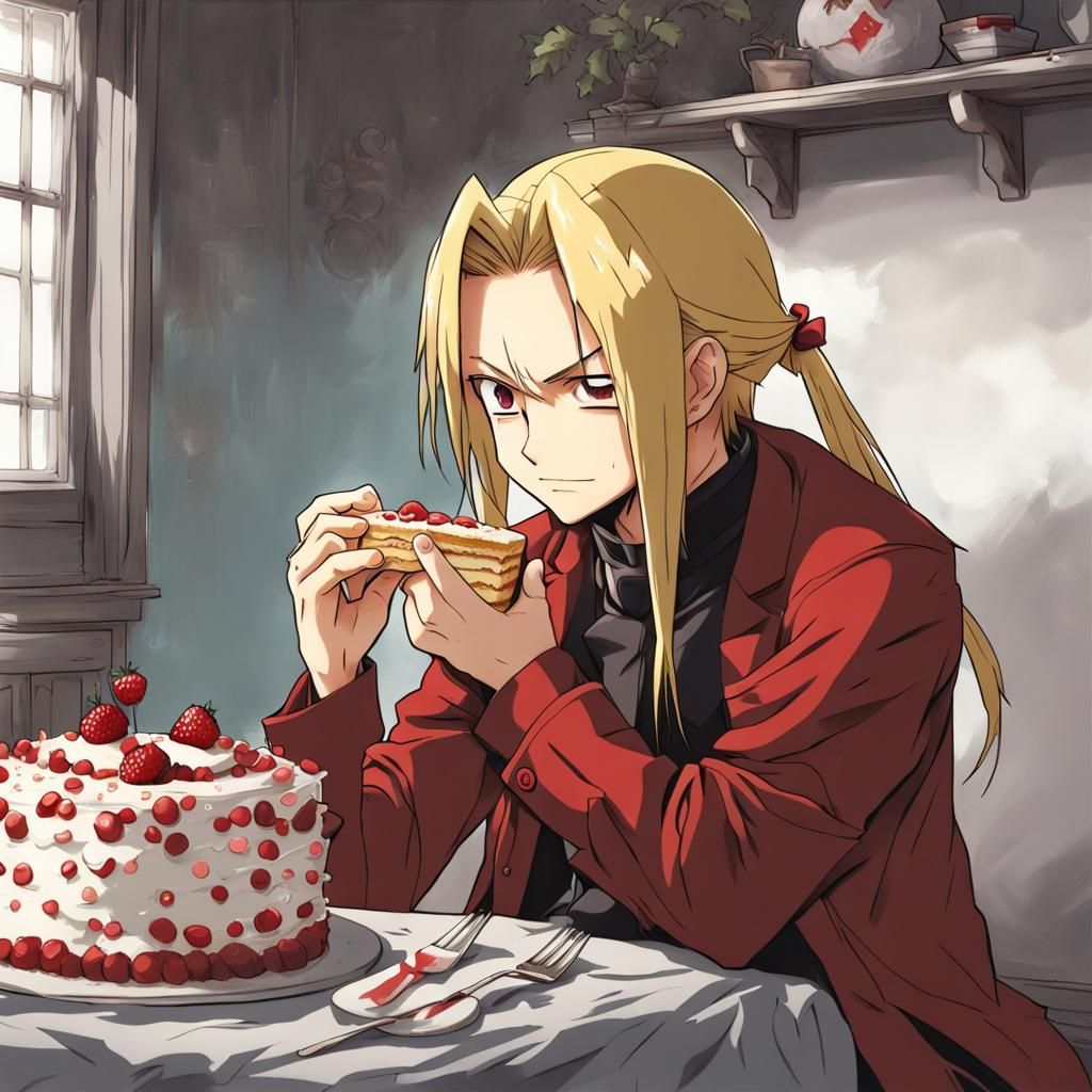 Edward Elric Eating Cake in Anime Style