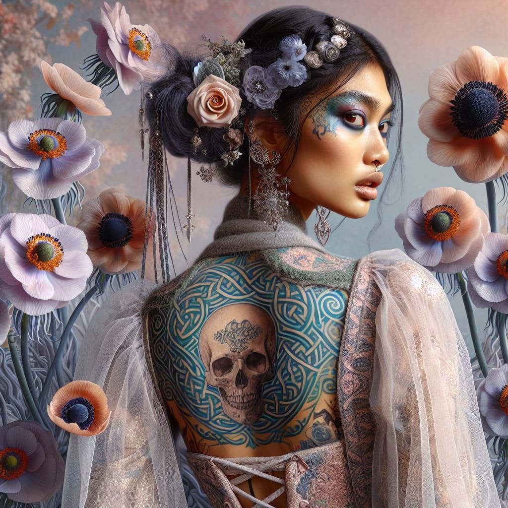 Celtic Tattooed Woman in Pastel Goth Style
